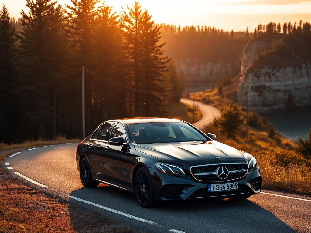 Black Mercedes-Benz sedan on a countryside road in Estonia at golden hour
