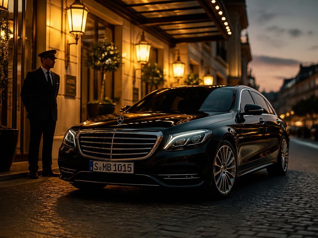 Black Mercedes-Benz sedan parked outside a luxury hotel at dusk with a chauffeur