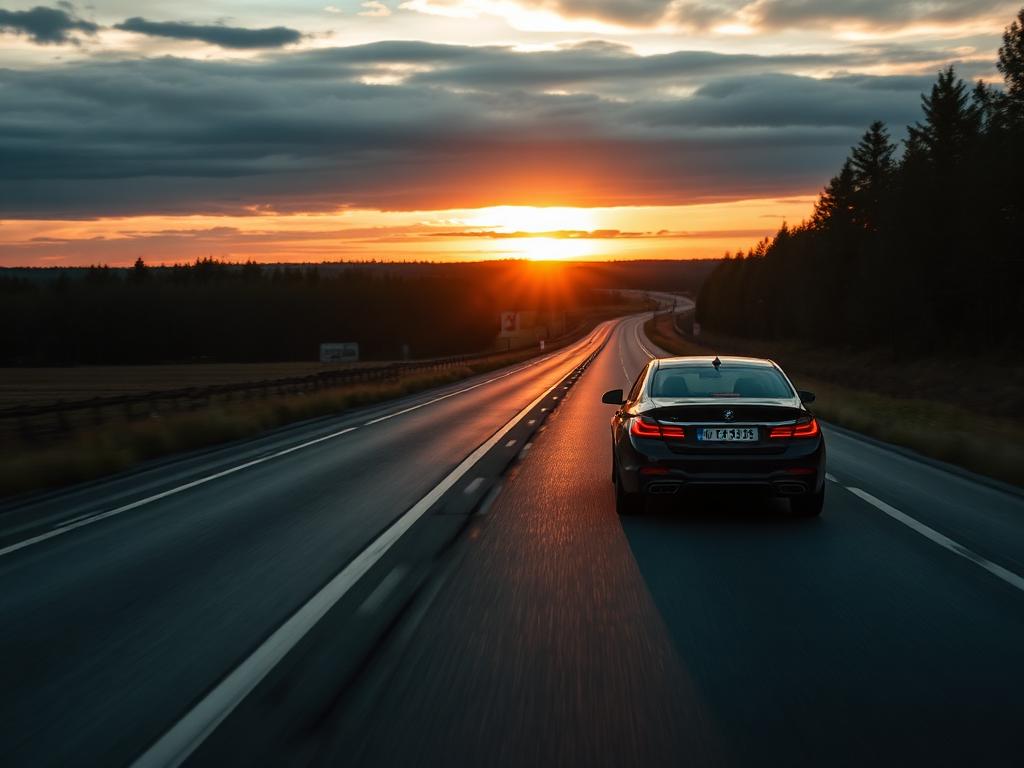 Black Mercedes-Benz sedan on an open highway at sunset
